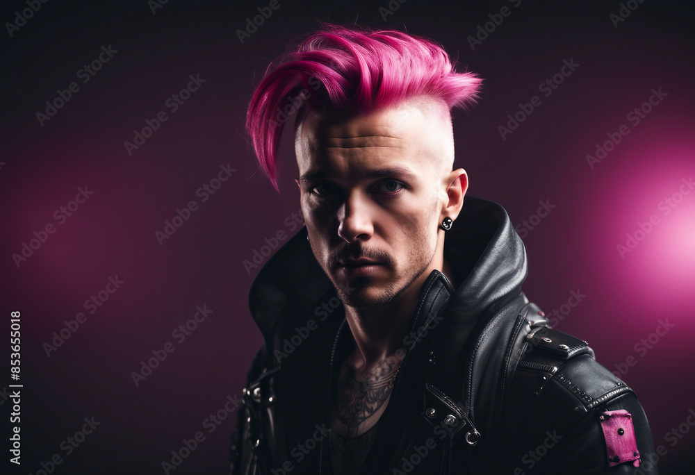 portrait of a man in a punk outfit with dark pink hair shaved on the side, isolated white background portrait of a man in a punk outfit with dark pink hair shaved on the side, isolated white background