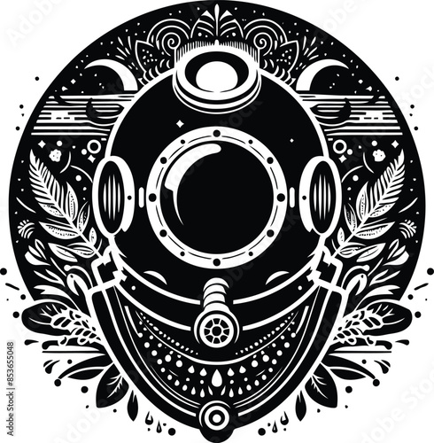 vintage diving suit in silhouete with bohemian nature pattern illustration