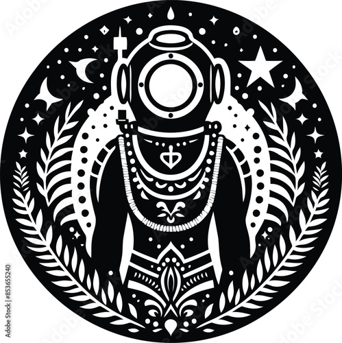 vintage diving suit in silhouete with bohemian nature pattern illustration