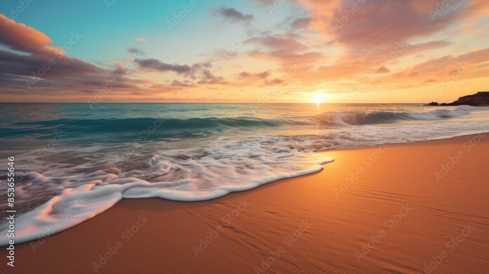 Photograph of a breathtaking sunrise over a pristine beach with crystal-clear water and soft, golden sand, with no clouds in the sky Photograph of a breathtaking sunrise over a pristine beach with crystal-clear water and soft, golden sand, with no clouds in the sky