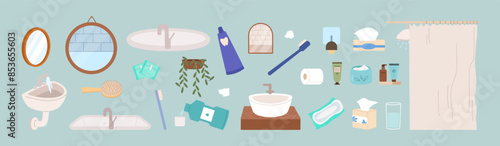 Bathroom elements. Hygiene items and furniture. Sinks mirrors douche and plant. Teeth brush, paste tube cream bottles, female pads and paper vector collection