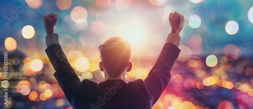 A man celebrates with arms raised, silhouetted against colorful lights.