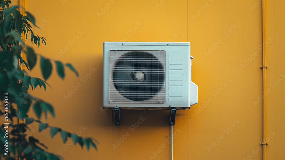 Modern Air Conditioner Unit on Yellow Wall with Foliage Modern Air Conditioner Unit on Yellow Wall with Foliage