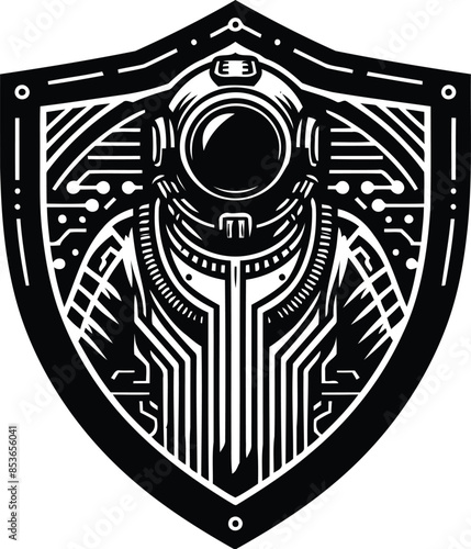 vintage diving suit in silhouete with cyberpunk pattern illustration