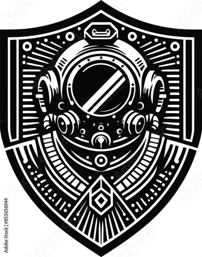 vintage diving suit in silhouete with cyberpunk pattern illustration