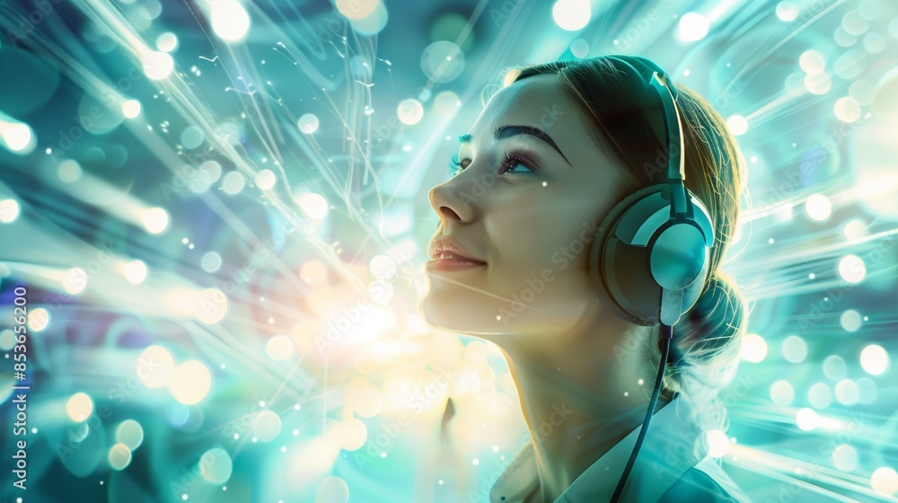 A young woman with headphones on, eyes closed, lost in the music, surrounded by a burst of colorful lights. A young woman with headphones on, eyes closed, lost in the music, surrounded by a burst of colorful lights.