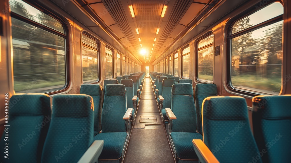 Sunset over Serene Empty Train Car with Blue Seats and Vintage Vibes Sunset over Serene Empty Train Car with Blue Seats and Vintage Vibes