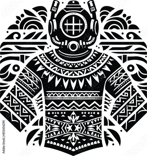 vintage diving suit in silhouete with Polynesian ethnic pattern illustration