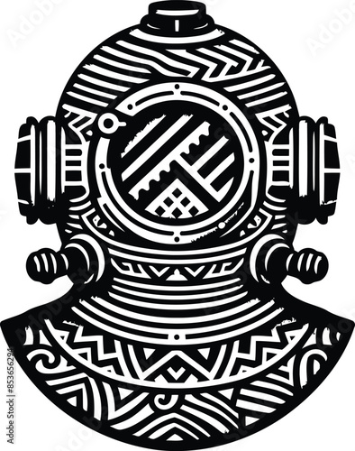 vintage diving suit in silhouete with Polynesian ethnic pattern illustration