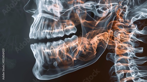 A detailed close-up of a human jawbone with teeth and a highlighted joint.  This image is ideal for medical and dental illustrations. photo