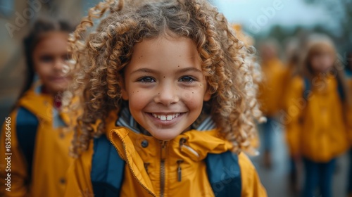 A joyful girl in a yellow jacket flashes a big smile, her curly hair framing her face as her peers line up behind her © svastix