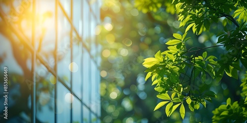 Sustainable Office Building with Green Trees in Sunlight. Concept Sustainable Architecture, Office Buildings, Green Technology, Sunlight, Environmental Design