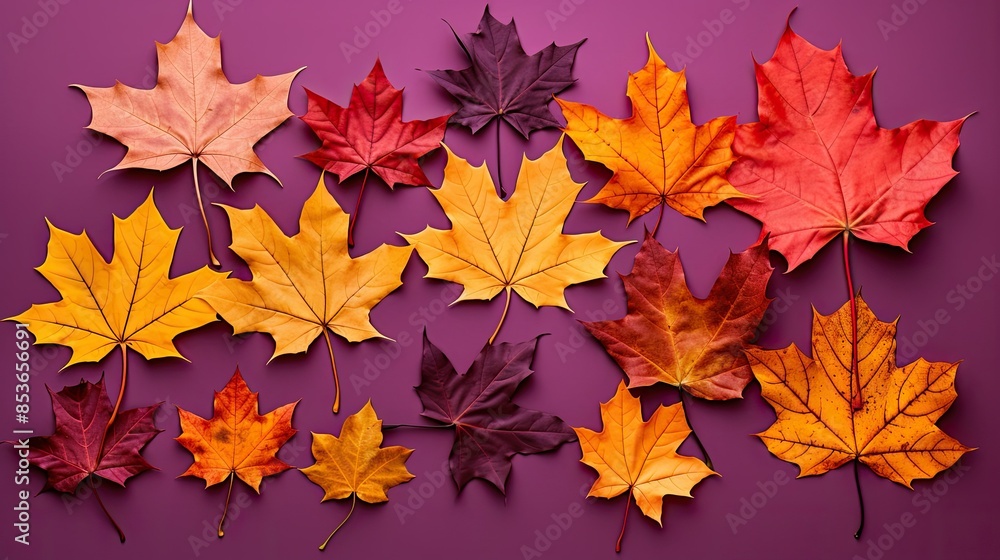 Photograph of a collection of dry maple leaves in various shades of red, orange, and yellow, scattered across a smooth purple background Photograph of a collection of dry maple leaves in various shades of red, orange, and yellow, scattered across a smooth purple background