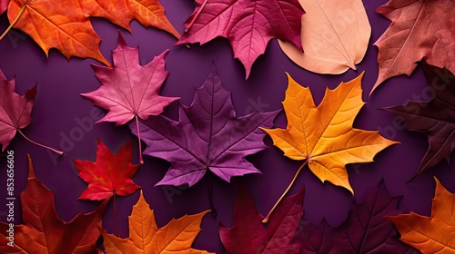 Photograph of a collection of dry maple leaves in various shades of red, orange, and yellow, scattered across a smooth purple background