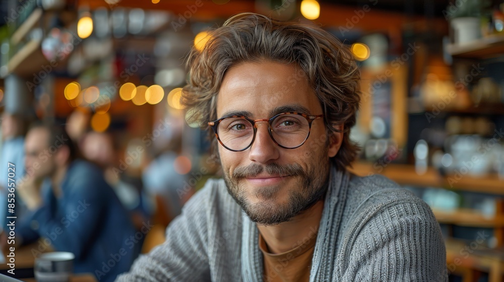 A portrait of a charming man with stylish glasses and a warm smile in a cafe setting A portrait of a charming man with stylish glasses and a warm smile in a cafe setting