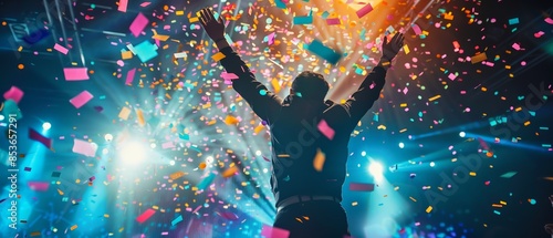 Silhouette of a person raising their arms in celebration, confetti falling around them. photo