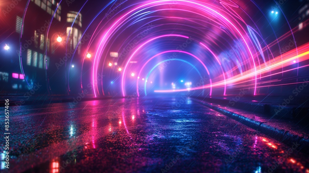 Fototapeta premium Neon Lit Street with Futuristic Light Trails at Night Cityscape