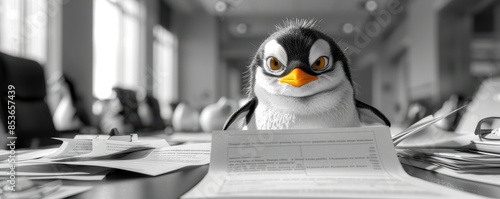 Angry penguin in professional attire, angrily flipping through papers in a corporate meeting room.
