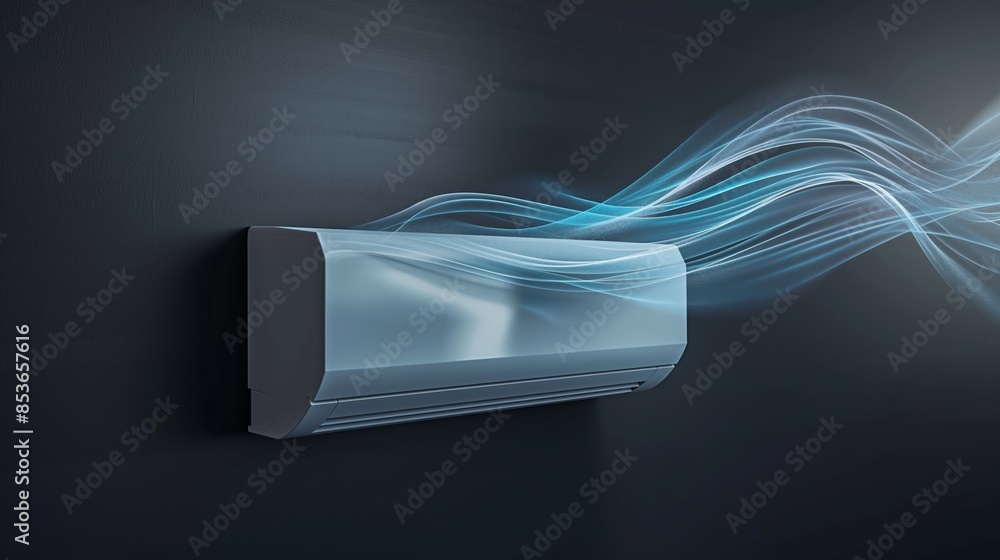 Modern Air Conditioner with Cool Airflow. Wall-Mounted AC Unit Blowing Cool Air