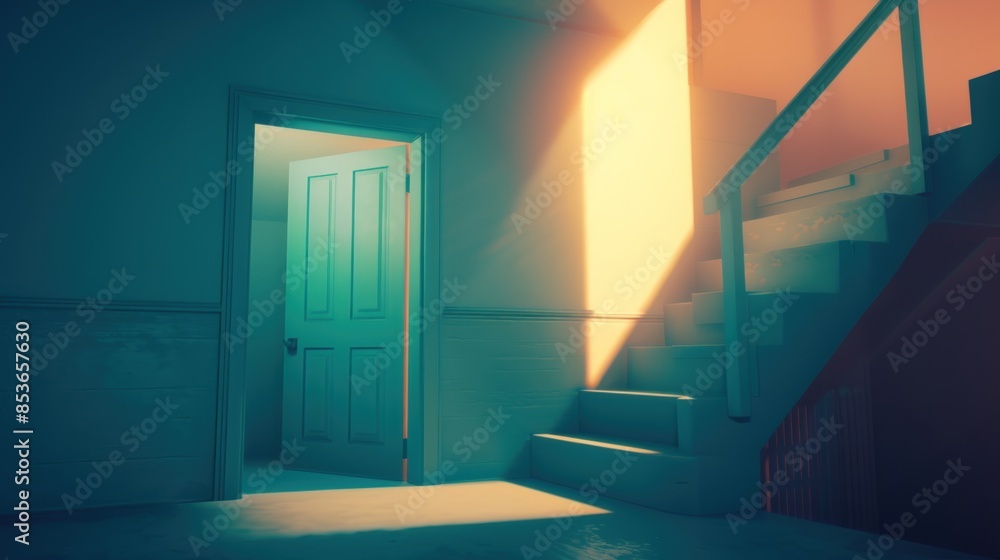 Fototapeta premium Sunlit Stairway with Open Door