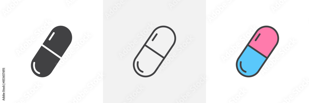 Capsules flat thin line icon collection. Capsules flat thin line icon collection.