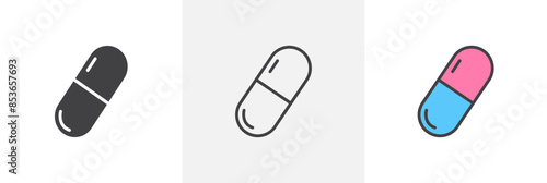 Capsules flat thin line icon collection.