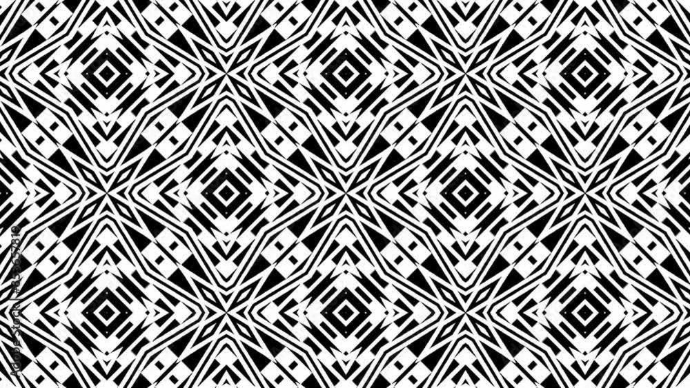 Kaleidoscope with black and white patterns.Abstract background.. Seamless loop video. Wallpaper 4k. Kaleidoscope with black and white patterns.Abstract background.. Seamless loop video. Wallpaper 4k.