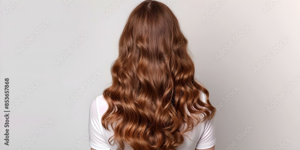 Fototapeta premium Woman with Long Shiny Curly Hair Seen from Behind. Concept Long Curly Hair, Woman, Shiny Hair, Hair from Behind, Hairstyle