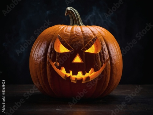 Scary pumpkin with menacing face against dark background.