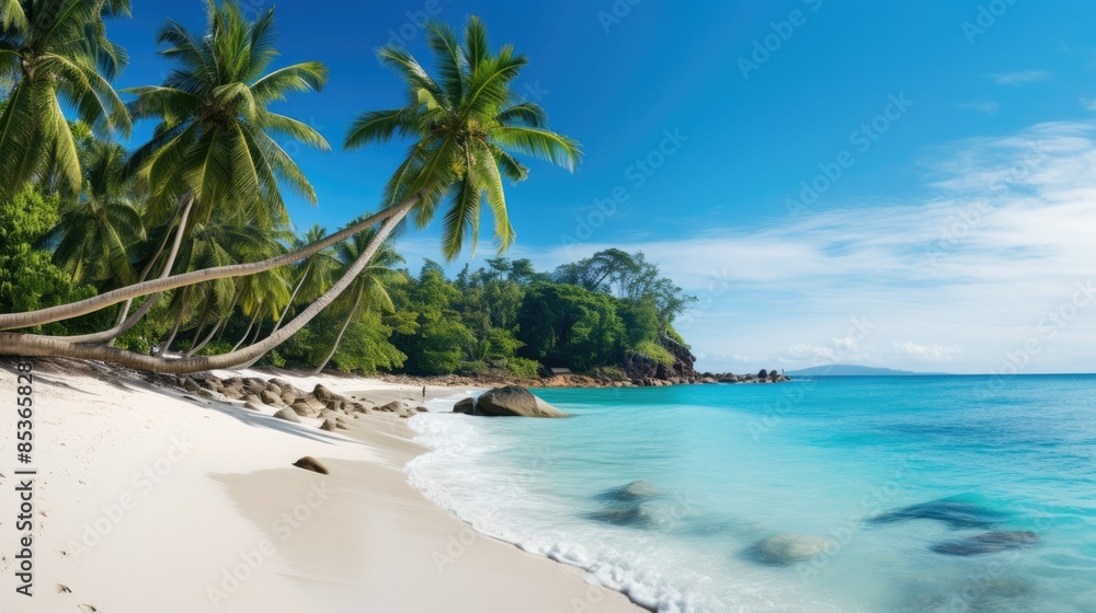 Photograph of a secluded tropical beach with white sand, turquoise water, and palm trees swaying in the breeze Photograph of a secluded tropical beach with white sand, turquoise water, and palm trees swaying in the breeze