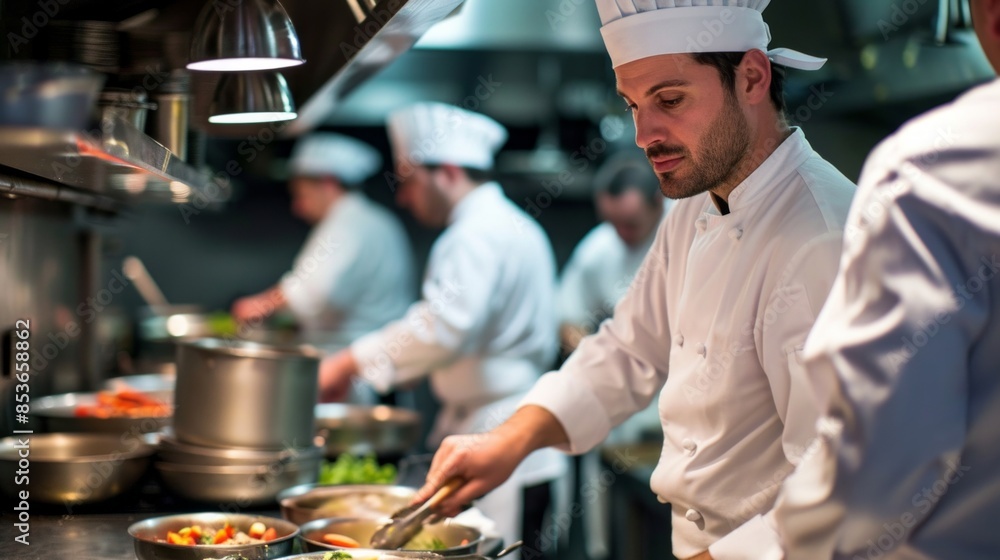 Chefs and cooks at work in professional restaurant kitchen Chefs and cooks at work in professional restaurant kitchen