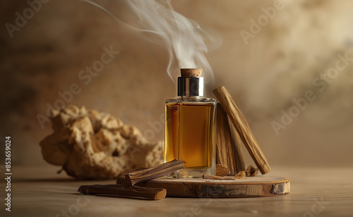 Arabian agarwood perfume with Incense Chips on beige background, arabian out Transparent perfume bottle near the aged weathered wooden snag and stones. Perfume with woody notes concept.  photo