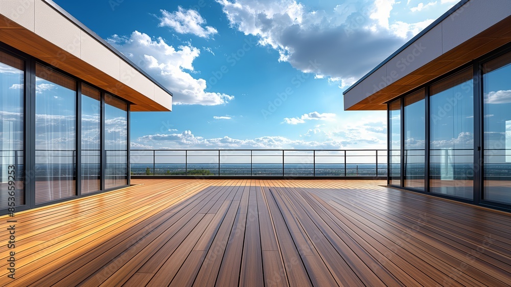 Modern Rooftop Terrace with Scenic Sky Views and Wooden Decking Modern Rooftop Terrace with Scenic Sky Views and Wooden Decking