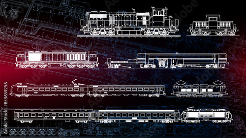 Train technical drafting with line art drawing style