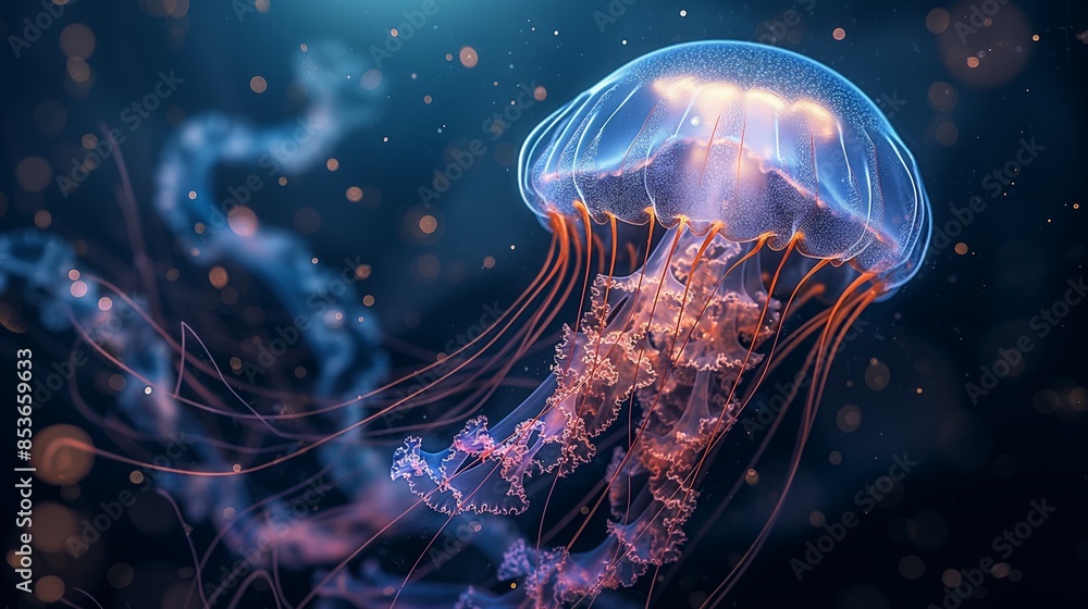 Mesmerizing Jellyfish in Bioluminescent Underwater Scene Mesmerizing Jellyfish in Bioluminescent Underwater Scene
