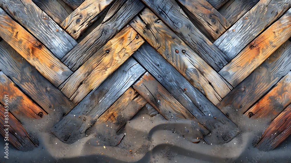 Weathered wood chevrons arranged on a beach sand background, evoking a nautical theme. The design features rustic, sun-worn wood in chevron patterns against the textured sand Weathered wood chevrons arranged on a beach sand background, evoking a nautical theme. The design features rustic, sun-worn wood in chevron patterns against the textured sand
