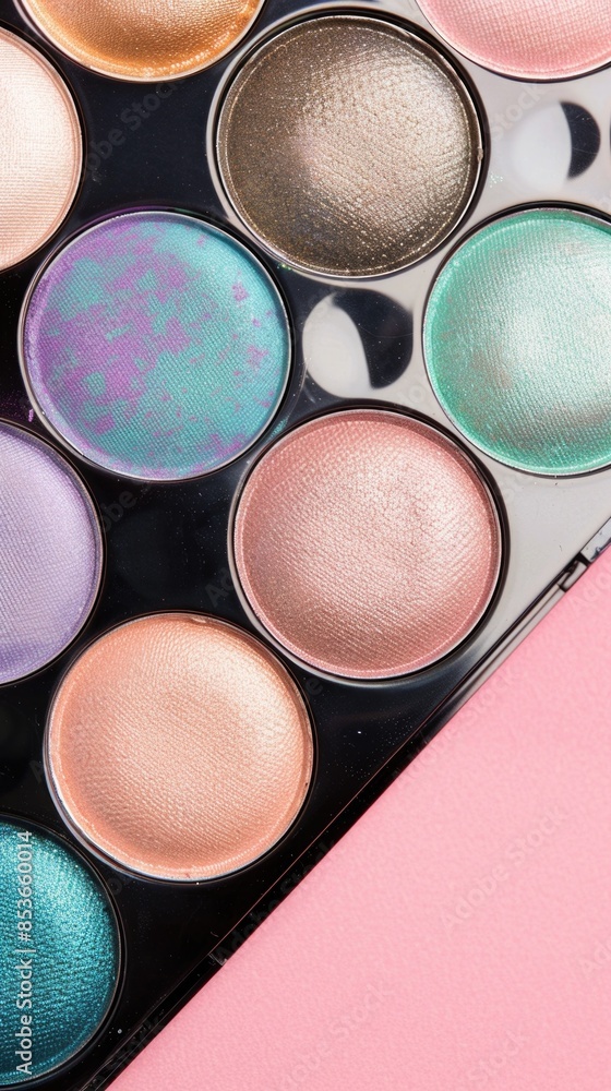 Multicolor black eye makeup palette. Eye shadow in different tones. Copy space, top view Multicolor black eye makeup palette. Eye shadow in different tones. Copy space, top view