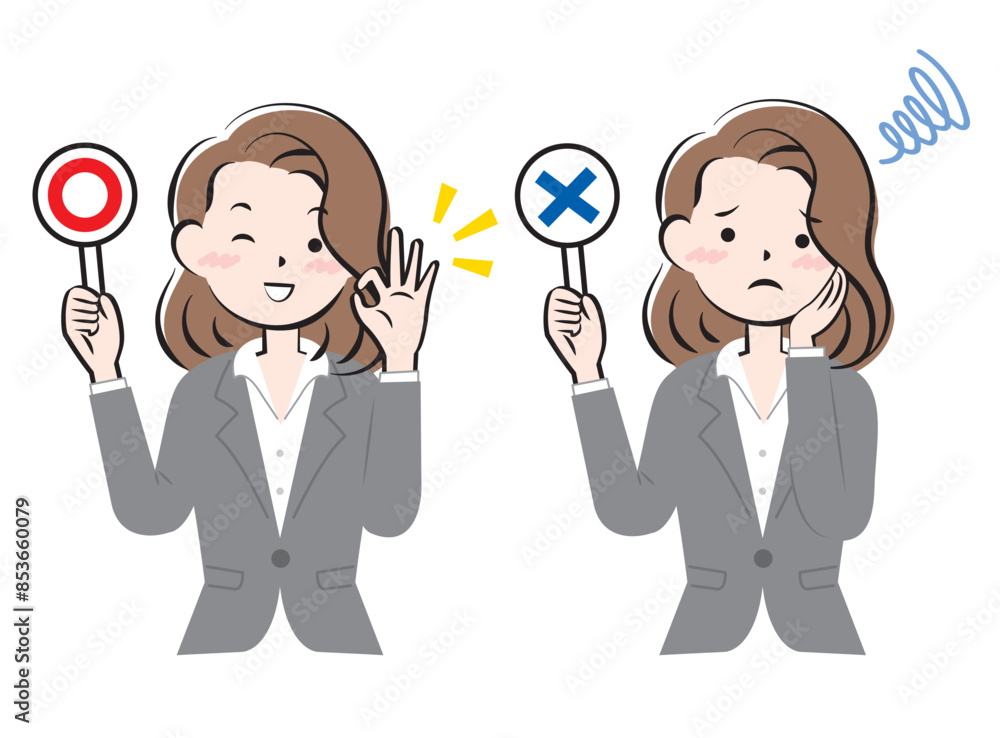 マルバツの札を持つスーツ姿の女性　正解　不正解