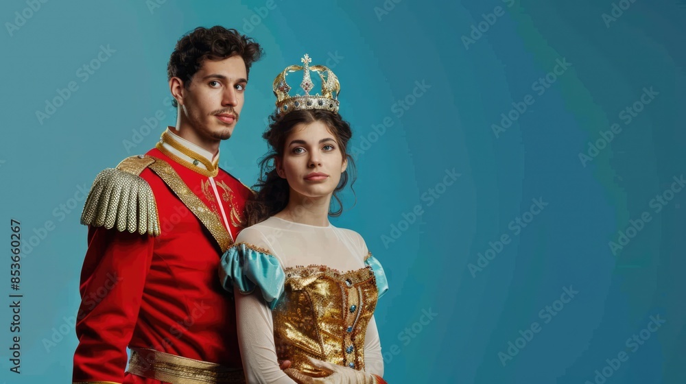 Fototapeta premium Prince and princess on a simple blue background. The queen in a crown and a dress, the king without a crown look into the frame. Studio photo of models in suits