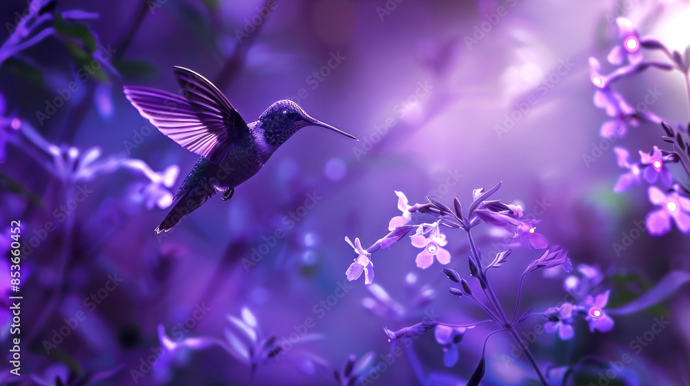 A small bird, a hummingbird, hovering at night over a beautiful purple garden among bushes and grass. Neon night with bright spots of light and leaves, branches A small bird, a hummingbird, hovering at night over a beautiful purple garden among bushes and grass. Neon night with bright spots of light and leaves, branches