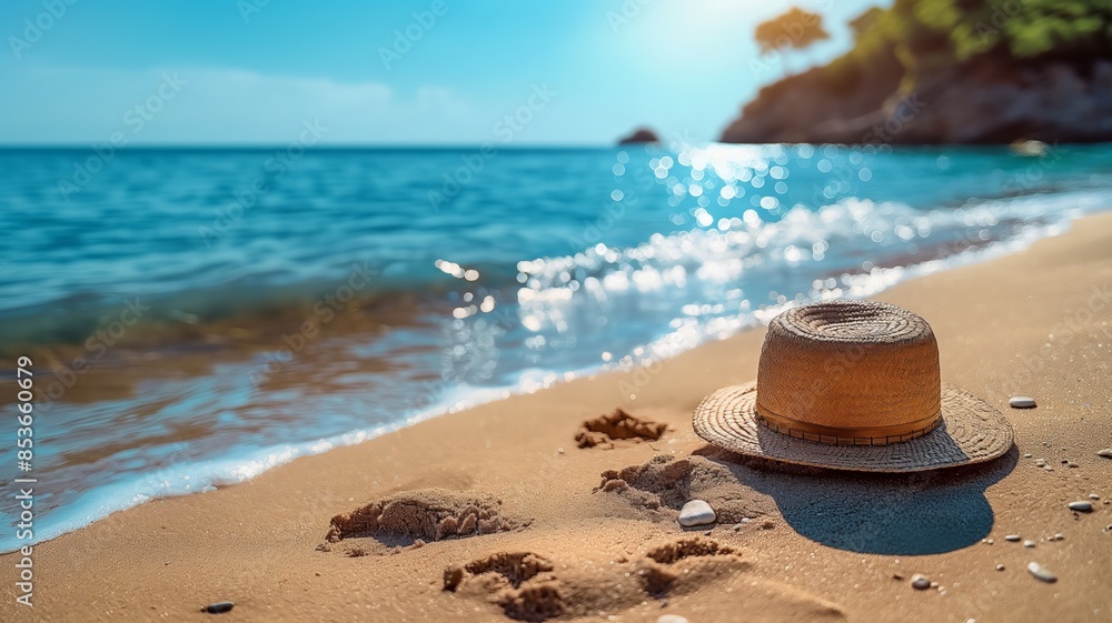Serene Beachscape with Sunhat on Sandy Shore Under Clear Blue Sky Serene Beachscape with Sunhat on Sandy Shore Under Clear Blue Sky