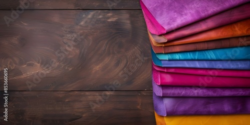 Colorful Leather Pieces on a Craftsman's Desk for Leatherworking Projects. Concept Leathercrafting, Workstation Setup, Artisan Touch, Tools of the Trade, Colorful Creations photo