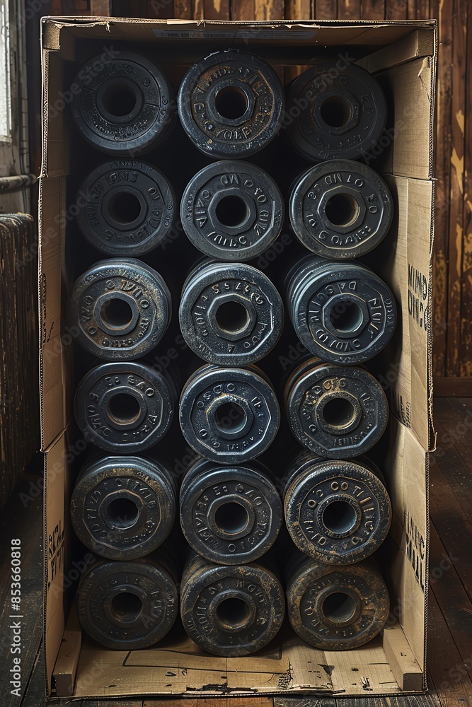 A cardboard box filled with black weight plates, featuring two plates outside, is depicted in 3D apparatus for weightlifting gym equipment prepared to take on a challenge A cardboard box filled with black weight plates, featuring two plates outside, is depicted in 3D apparatus for weightlifting gym equipment prepared to take on a challenge