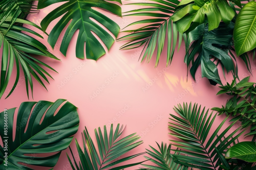 Tropical green palm leaves arranged as a frame on pink background. Nature, summer, botanical designs Tropical green palm leaves arranged as a frame on pink background. Nature, summer, botanical designs