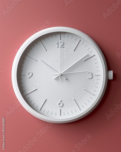 Closeup of a white wall clock against a pale pink backdrop The wallmounted white wall clock is in place A flat lay minimalistic, clock set against a pink backdrop copy space