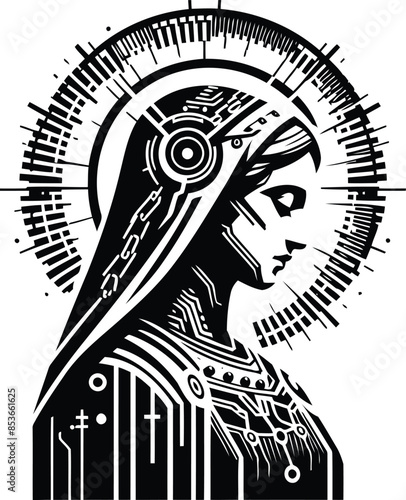 virgin_marry silhouete with cyberpunk pattern illustration