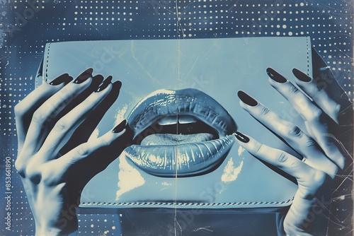 Artistic image of hands with black nails holding a futuristic, glossy purse featuring shiny lips