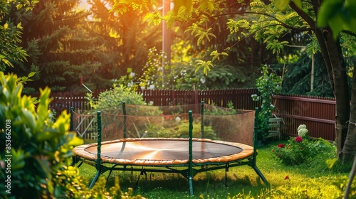 Trampoline with protective net, closed zipper, placed in a lush garden, vibrant greenery, sunny day, kids playing safely