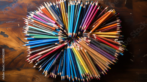 a lot of colourful pens, and pensils in a wooden table, view from above photo