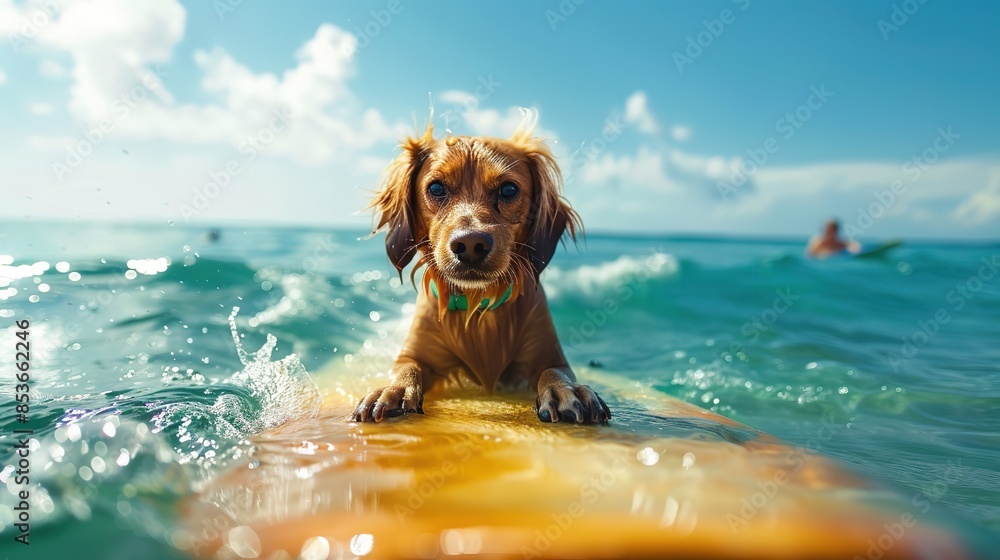 Cute dog surfing on ocean waves during summer vacation, enjoying a fun activity with pet owner. Happy and playful dog on surfboard, capturing the essence of a joyful free time in the sea. Cute dog surfing on ocean waves during summer vacation, enjoying a fun activity with pet owner. Happy and playful dog on surfboard, capturing the essence of a joyful free time in the sea.